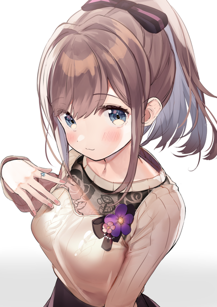 Anime picture 1302x1841 with virtual youtuber nijisanji suzuhara lulu kanda done single long hair tall image looking at viewer blush blue eyes simple background brown hair white background payot upper body ponytail nail polish from above pink nail polish girl