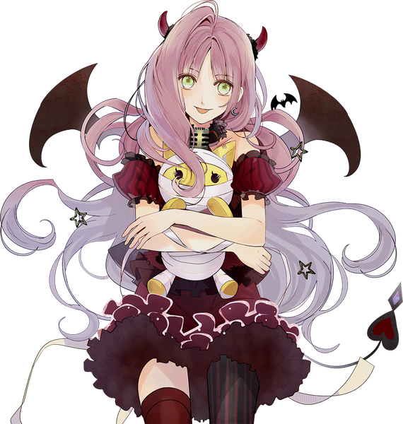 Anime picture 791x833 with i-chu hanabusa kokoro single long hair tall image looking at viewer blush fringe open mouth smile standing bare shoulders holding green eyes pink hair ahoge tail head tilt horn (horns) official art