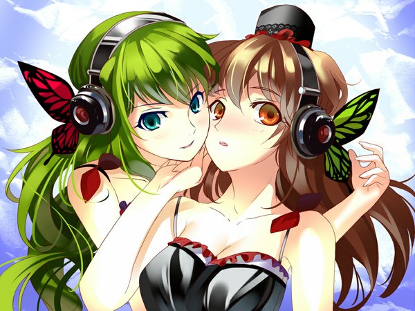 Anime picture 1024x768 with original vocaloid magnet (vocaloid) miyazaki byou long hair looking at viewer blue eyes red eyes brown hair bare shoulders multiple girls green hair girl dress 2 girls hat headphones