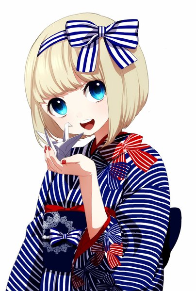 Anime picture 674x1000 with original musco single tall image looking at viewer blush fringe short hair open mouth blue eyes simple background blonde hair smile white background nail polish traditional clothes japanese clothes teeth striped girl