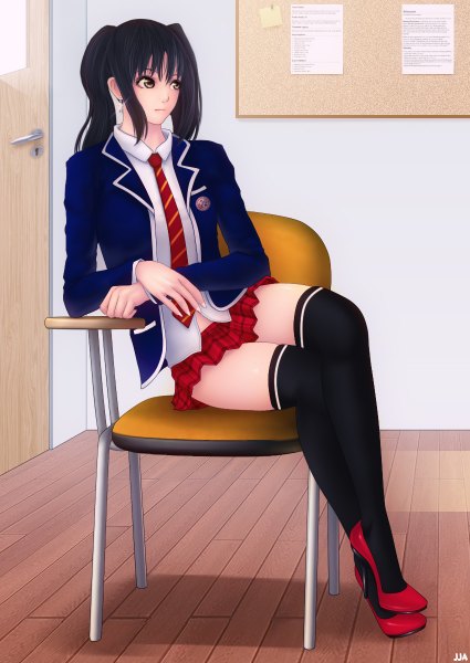 Anime picture 850x1200 with khalitzburg single long hair tall image blush black hair sitting twintails looking away black eyes open clothes open jacket crossed legs classroom girl thighhighs skirt uniform hair ornament black thighhighs