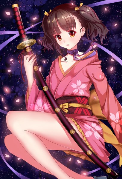 Anime picture 1000x1470 with koutetsujou no kabaneri wit studio mumei (kabaneri) kyuu (chiu850513) single tall image looking at viewer blush short hair light erotic black hair red eyes twintails traditional clothes japanese clothes short twintails girl ribbon (ribbons) weapon sword