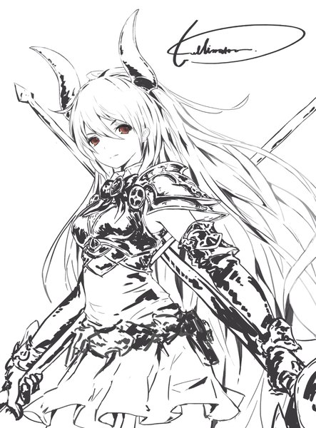 Anime picture 3030x4096 with shingeki no bahamut granblue fantasy forte (shingeki no bahamut) tachikawa mushimaro (bimo) single long hair tall image looking at viewer fringe highres simple background hair between eyes white background holding brown eyes signed absurdres pleated skirt horn (horns) monochrome