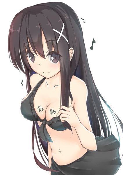 Anime picture 1020x1447 with original shirotaso0818 single long hair tall image looking at viewer light erotic black hair simple background white background bare shoulders black eyes girl skirt navel hair ornament swimsuit bikini bobby pin x hair ornament