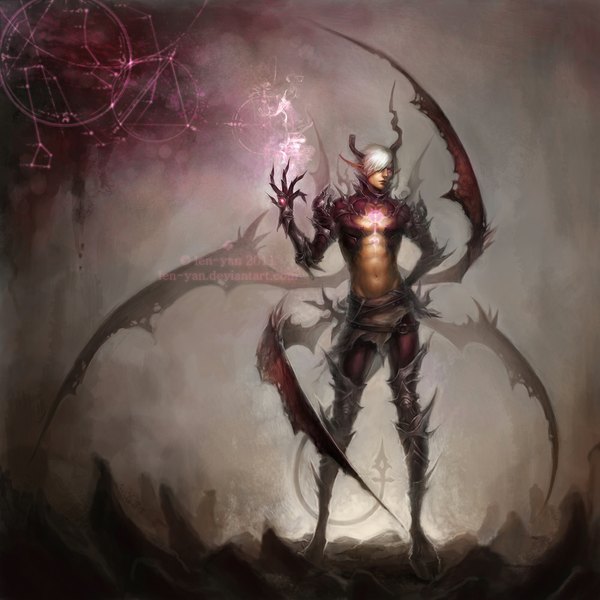 Anime picture 1000x1000 with len-yan (artist) single fringe short hair standing signed silver hair white hair pink eyes horn (horns) pointy ears hair over one eye grey background midriff tattoo hand on hip magic smoke demon tail bat wings