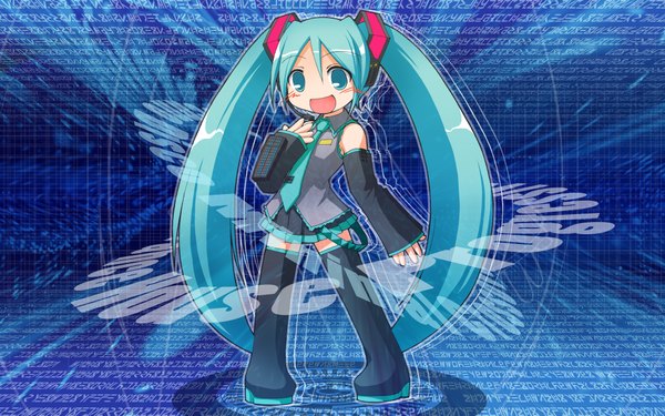 Anime picture 1920x1200 with vocaloid hatsune miku blush highres open mouth smile wide image twintails bare shoulders full body zettai ryouiki chibi posing girl detached sleeves miniskirt necktie thigh boots