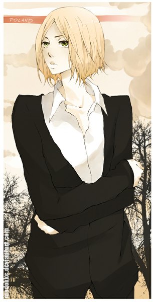 Anime picture 515x1000 with axis powers hetalia studio deen poland (hetalia) nebeskaa single tall image short hair blonde hair green eyes looking away cloud (clouds) crossed arms pale skin open collar boy plant (plants) shirt tree (trees) white shirt cape