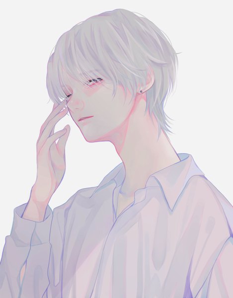 Anime picture 1609x2056 with original kusumint single tall image looking at viewer short hair simple background white background purple eyes silver hair upper body one eye closed boy shirt