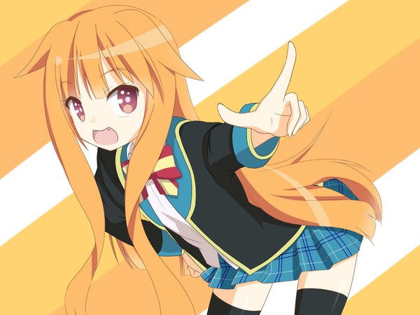 Anime picture 2048x1536 with gj-bu doga kobo amatsuka mao single long hair highres open mouth brown eyes pleated skirt orange hair teeth fang (fangs) hand on hip plaid skirt pointing girl thighhighs skirt uniform black thighhighs