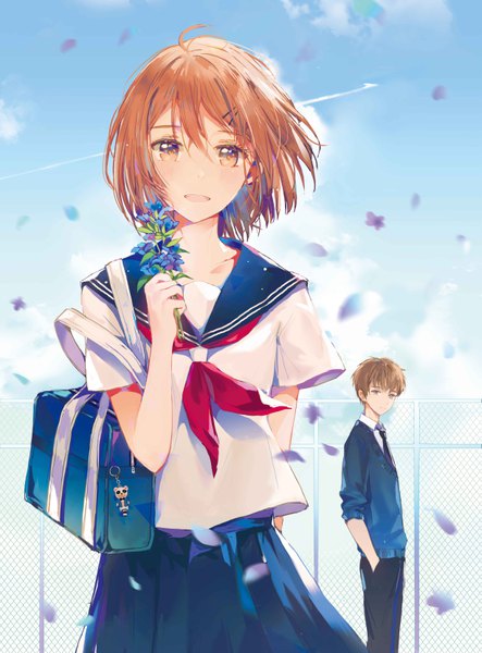 Anime picture 4906x6633 with rindou ni sayonara wo hozumi misaki dangmill tall image looking at viewer fringe highres short hair open mouth hair between eyes brown hair brown eyes absurdres sky wind official art hand in pocket novel illustration condensation trail girl