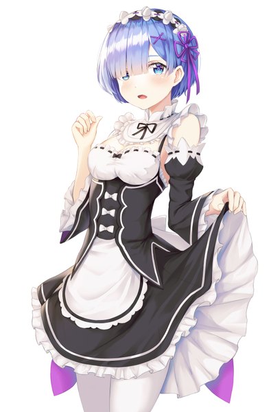 Anime picture 2480x3762 with re:zero kara hajimeru isekai seikatsu white fox rem (re:zero) kokose single tall image looking at viewer blush fringe highres short hair open mouth blue eyes simple background standing white background blue hair cleavage blunt bangs hair over one eye