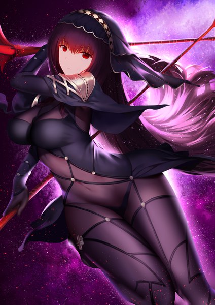 Anime picture 2894x4093 with fate (series) fate/grand order scathach (fate) (all) scathach (fate) an yasuri single long hair tall image looking at viewer fringe highres breasts light erotic hair between eyes red eyes large breasts purple eyes holding thighs floating hair