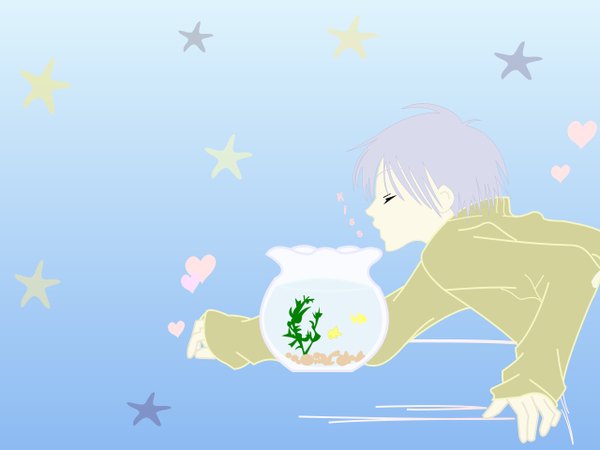 Anime picture 1280x960 with 7 genme wa himitsu short hair simple background eyes closed profile grey hair blue background boy heart star (symbol) fish (fishes) aquarium