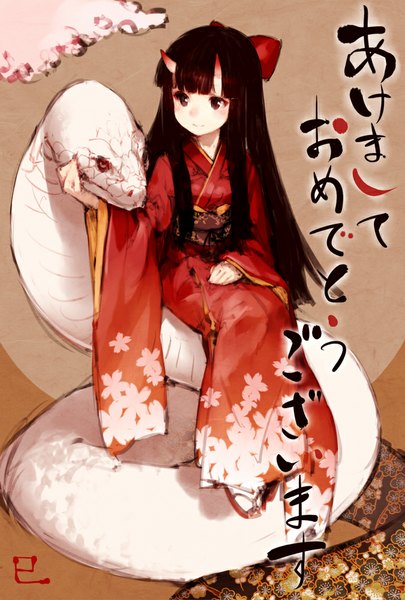 Anime picture 675x1000 with original hinomoto oniko junwool single long hair tall image blush fringe black hair smile sitting brown eyes looking away traditional clothes japanese clothes horn (horns) new year oni horns girl bow