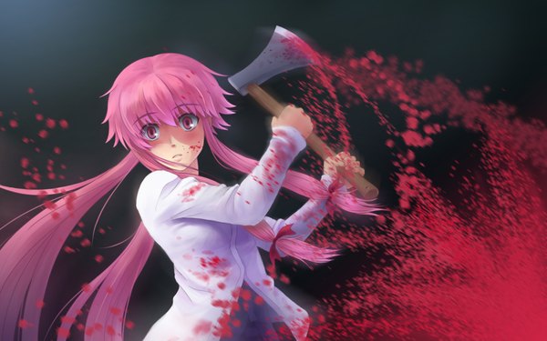 Anime picture 1920x1200 with mirai nikki gasai yuno single long hair highres wide image pink hair pink eyes girl blood axe