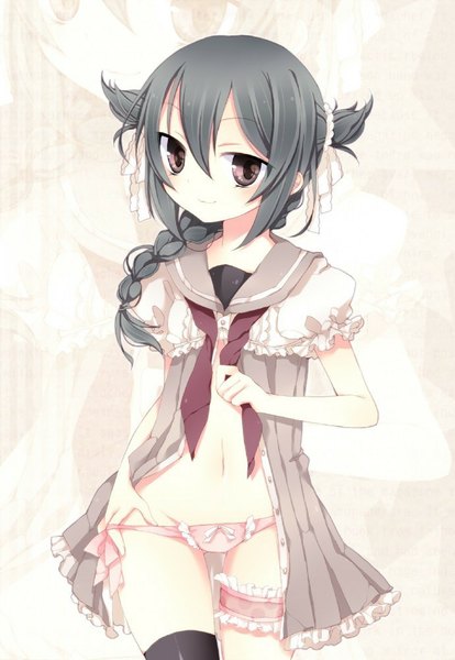 Anime picture 690x1000 with inazuma eleven mistorene callus momose single long hair tall image looking at viewer blush light erotic black hair smile brown eyes puffy sleeves hand on hip thighhighs dress boy navel underwear panties