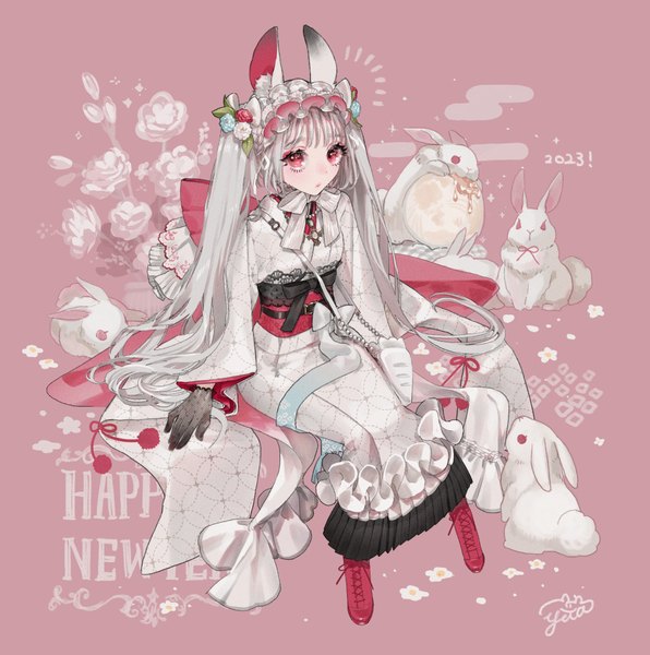 Anime picture 967x974 with original yua (tick-tack) single tall image fringe sitting twintails animal ears silver hair full body blunt bangs very long hair traditional clothes japanese clothes pink eyes bunny ears pink background new year happy new year 2023