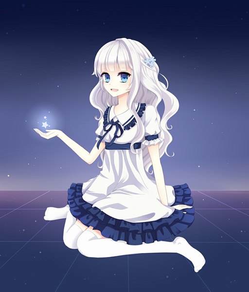 Anime picture 1000x1170 with original jellybear single long hair tall image open mouth blue eyes white hair hair flower girl thighhighs dress hair ornament white thighhighs star (symbol)