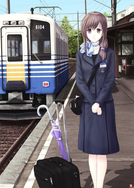 Anime picture 1107x1549 with original ntake toukasaien single long hair tall image looking at viewer brown hair brown eyes girl umbrella bag neckerchief train suitcase train station