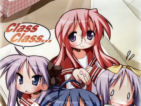 Anime picture 1658x1251 with lucky star kyoto animation izumi konata hiiragi kagami hiiragi tsukasa takara miyuki yoshimizu kagami scan artifacts screening girl