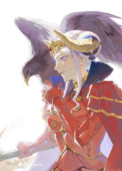 Anime picture 1000x1407 with fire emblem fire emblem: three houses nintendo edelgard von hresvelg mo (ine mao) single long hair tall image breasts simple background smile white background purple eyes holding signed looking away silver hair profile horn (horns) twitter username