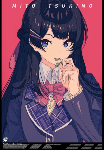 Anime picture 1422x2048 with virtual youtuber nijisanji tsukino mito kogecha (coge ch) single long hair tall image looking at viewer blue eyes black hair simple background upper body character names eating half updo red background girl uniform plant (plants) school uniform