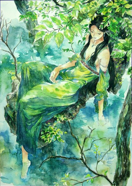 Anime picture 1005x1408 with original oyabin single long hair tall image black hair sitting bare shoulders eyes closed girl dress plant (plants) tree (trees) water sundress