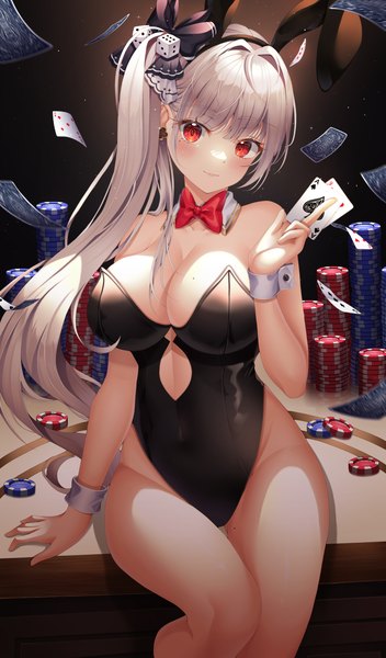 Anime picture 2376x4053 with original ssong2 single long hair tall image looking at viewer blush fringe highres breasts light erotic simple background red eyes large breasts sitting bare shoulders holding animal ears cleavage silver hair