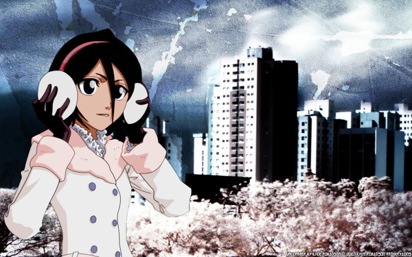 Anime picture 1440x900 with bleach studio pierrot kuchiki rukia black hair wide image cherry blossoms city photo background girl building (buildings) earmuffs