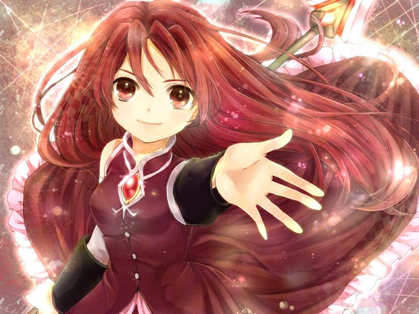 Anime picture 1600x1200 with mahou shoujo madoka magica shaft (studio) sakura kyouko hadaarennjared single long hair red eyes red hair outstretched arm girl weapon spear