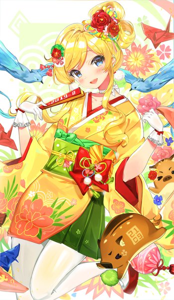 Anime picture 1300x2231 with idolmaster idolmaster cinderella girls ootsuki yui tomato omurice melon single long hair tall image looking at viewer blush breasts open mouth blue eyes blonde hair smile standing holding traditional clothes head tilt :d japanese clothes