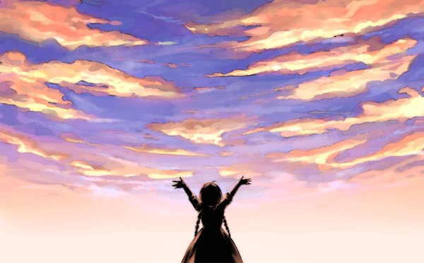 Anime picture 1517x941 with original memessa single long hair wide image sky cloud (clouds) braid (braids) twin braids back girl dress child (children)