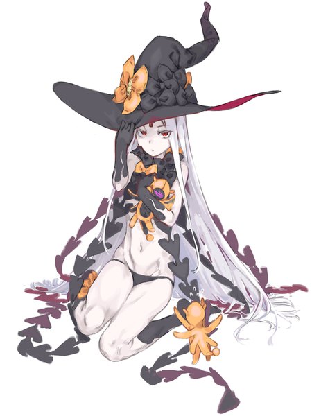 Anime picture 720x960 with fate (series) fate/grand order abigail williams (fate) abigail williams (third ascension) (fate) haimura kiyotaka single long hair tall image looking at viewer fringe light erotic simple background red eyes white background sitting silver hair full body pale skin adjusting hat girl