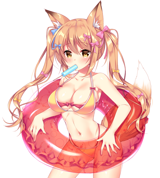 Anime picture 723x807 with original sorai shin'ya single long hair tall image looking at viewer blush fringe breasts light erotic simple background hair between eyes large breasts standing white background twintails bare shoulders holding brown eyes animal ears