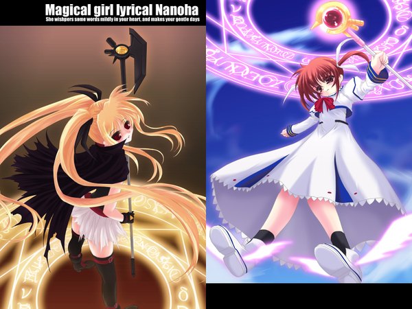 Anime picture 1600x1200 with mahou shoujo lyrical nanoha fate testarossa takamachi nanoha frapowa short hair blonde hair red eyes brown hair multiple girls very long hair torn clothes magic spread arms soles multiview midair girl thighhighs skirt ribbon (ribbons)