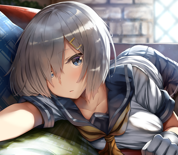 Anime picture 3000x2618 with kantai collection hamakaze destroyer belko single looking at viewer blush fringe highres short hair breasts blue eyes light erotic silver hair indoors lying pleated skirt hair over one eye on stomach girl skirt