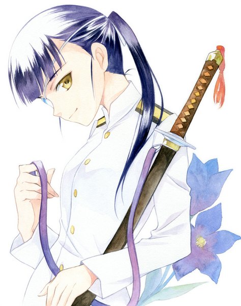 Anime picture 700x886 with strike witches sakamoto mio agahari single long hair tall image looking at viewer fringe simple background smile white background yellow eyes purple hair ponytail profile traditional media watercolor (medium) girl uniform flower (flowers)