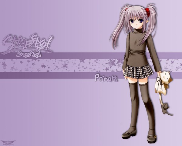 Anime picture 1280x1024 with shuffle! primula long hair looking at viewer purple eyes braid (braids) pointy ears grey hair inscription twin braids girl thighhighs skirt black thighhighs toy