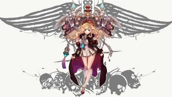 Anime picture 1920x1080 with original olivia (yh) single long hair fringe highres breasts blue eyes simple background blonde hair wide image white background holding shadow legs walking skeleton girl wings shoes