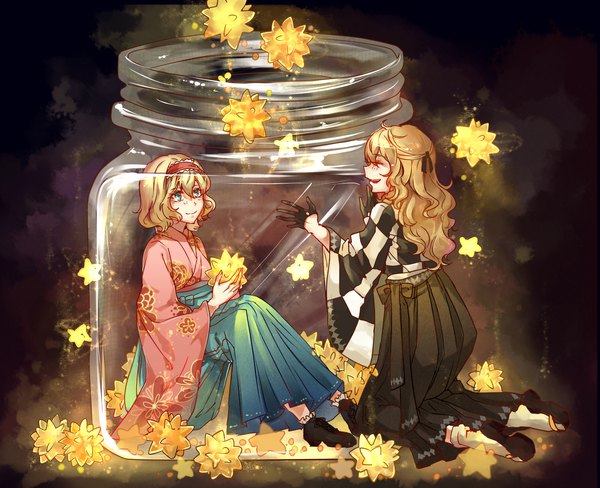 Anime picture 1600x1300 with touhou kirisame marisa alice margatroid aili (aliceandoz) long hair short hair blue eyes blonde hair smile sitting multiple girls eyes closed traditional clothes japanese clothes kneeling checkered in container girl gloves 2 girls