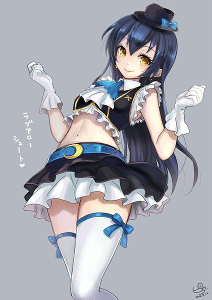 Anime picture 700x990 with love live! school idol project sunrise (studio) love live! sonoda umi pisuke single long hair tall image looking at viewer blush simple background smile signed yellow eyes blue hair grey background girl thighhighs skirt gloves