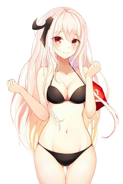 Anime picture 1120x1676 with girls frontline kar98k (girls frontline) inho song single long hair tall image looking at viewer blush fringe light erotic simple background hair between eyes red eyes standing white background pink hair light smile girl ribbon (ribbons) swimsuit