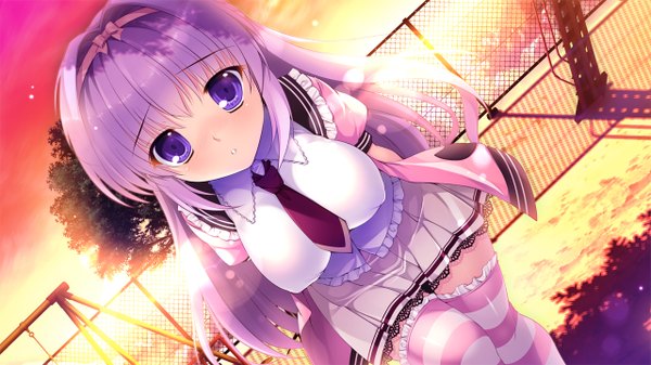 Anime picture 1280x720 with hyakugojuunenme no mahoutsukai pink chuchu (artbook) hoshioki marika mikeou single long hair looking at viewer blush breasts open mouth light erotic wide image large breasts purple eyes purple hair cloud (clouds) shadow erect nipples evening covered nipples