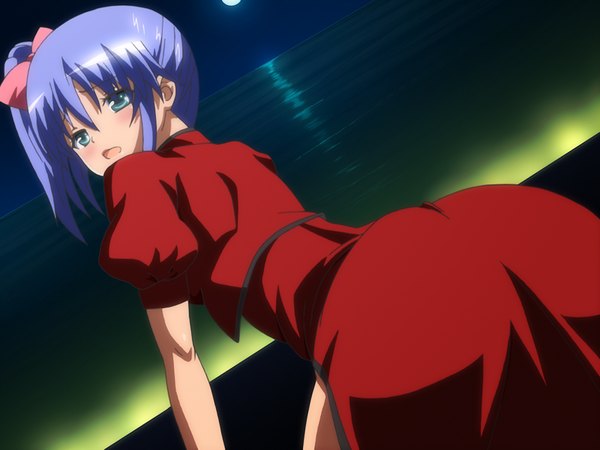Anime picture 1024x768 with cruise cruise - shoujo no 10nen to chiisana yakusoku green eyes blue hair game cg from behind night girl moon
