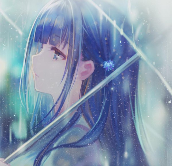 Anime picture 960x928 with original riv single long hair fringe blue eyes payot blue hair upper body blunt bangs profile looking up rain transparent umbrella girl umbrella