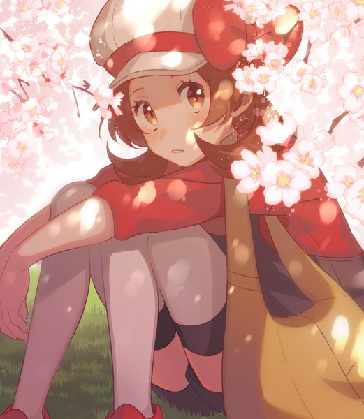 Anime picture 1000x1150 with pokemon pokemon heartgold and soulsilver nintendo lyra (pokemon) unapoppo single long hair tall image looking at viewer blush brown hair sitting brown eyes cherry blossoms shaded face girl thighhighs hat white thighhighs bag