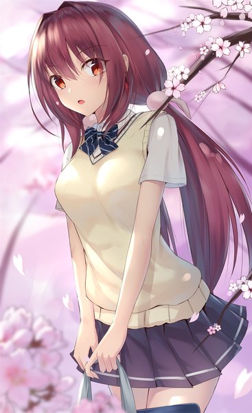 Anime picture 1200x1960 with fate (series) fate/grand order scathach (fate) (all) scathach (fate) feng mouren single long hair tall image looking at viewer blush fringe breasts open mouth hair between eyes standing twintails holding payot purple hair outdoors