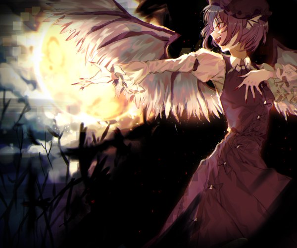 Anime picture 1200x1000 with touhou mystia lorelei tian (my dear) single short hair open mouth red eyes purple hair nail polish profile fingernails outstretched arm hand on chest long fingernails head wings girl wings moon bonnet full moon