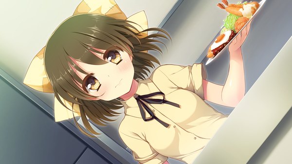 Anime picture 1280x720 with aisare roommate nohara karen single looking at viewer short hair brown hair wide image yellow eyes game cg loli girl bow hair bow shirt food