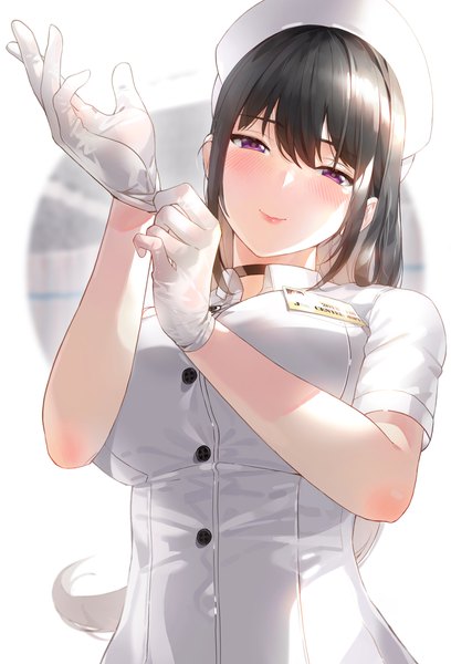Anime picture 1700x2500 with original kfr single long hair tall image looking at viewer blush fringe breasts black hair hair between eyes purple eyes payot upper body head tilt arms up short sleeves revision nurse adjusting gloves